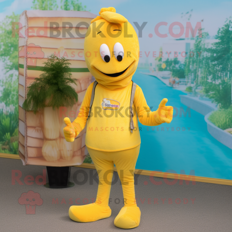 Yellow Shrimp Scampi mascot costume character dressed with a Henley Shirt and Brooches