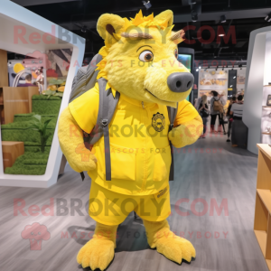 Lemon Yellow Wild Boar mascot costume character dressed with a Shorts and Backpacks