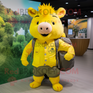 Lemon Yellow Wild Boar mascot costume character dressed with a Shorts and Backpacks