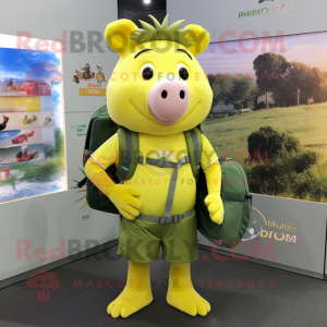 Lemon Yellow Wild Boar mascot costume character dressed with a Shorts and Backpacks