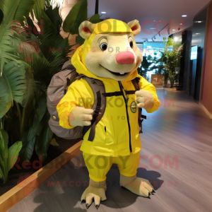 Lemon Yellow Wild Boar mascot costume character dressed with a Shorts and Backpacks