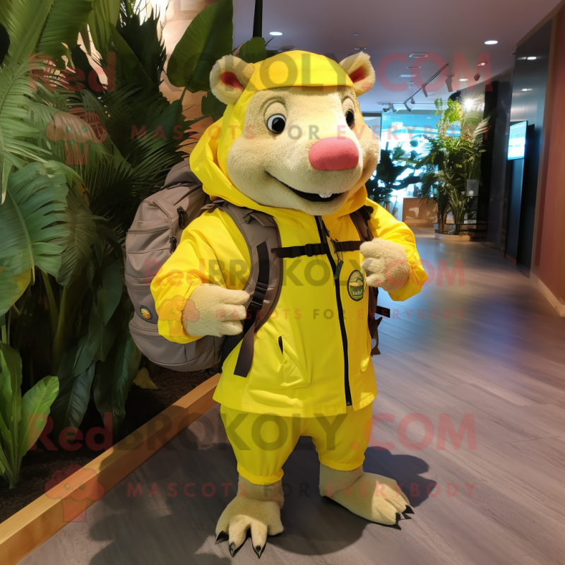 Lemon Yellow Wild Boar mascot costume character dressed with a Shorts and Backpacks Lemon Yellow Wild Boar mascot costume character dressed with a Shorts and Backpacks