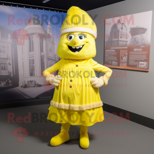 Lemon Yellow Chief mascot costume character dressed with a Skirt and Caps