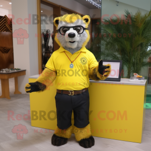 Lemon Yellow Spectacled Bear mascot costume character dressed with a Polo Shirt and Bracelet watches