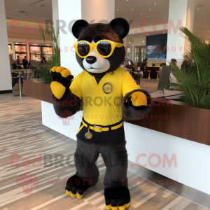 Lemon Yellow Spectacled Bear mascot costume character dressed with a Polo Shirt and Bracelet watches