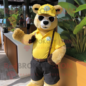 Lemon Yellow Spectacled Bear mascot costume character dressed with a Polo Shirt and Bracelet watches