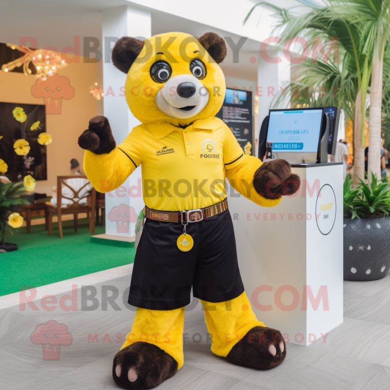 Lemon Yellow Spectacled Bear mascot costume character dressed with a Polo Shirt and Bracelet watches