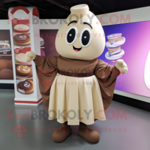 Tan Chocolates mascot costume character dressed with a Wrap Dress and Lapel pins