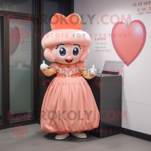 Peach Love Letter mascot costume character dressed with a Mini Dress and Caps