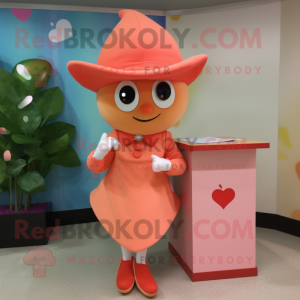 Peach Love Letter mascot costume character dressed with a Mini Dress and Caps