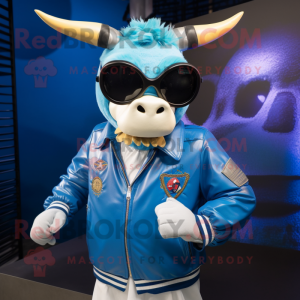 Blue Zebu mascot costume character dressed with a Bomber Jacket and Sunglasses