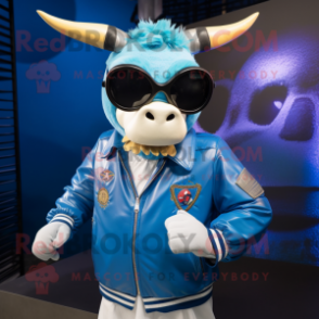 Blue Zebu mascot costume character dressed with a Bomber Jacket and Sunglasses