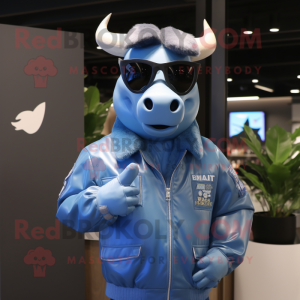 Blue Zebu mascot costume character dressed with a Bomber Jacket and Sunglasses