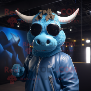 Blue Zebu mascot costume character dressed with a Bomber Jacket and Sunglasses