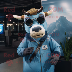 Blue Zebu mascot costume character dressed with a Bomber Jacket and Sunglasses