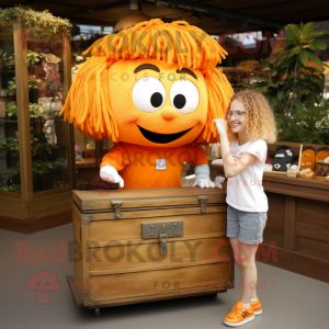 Orange Treasure Chest mascot costume character dressed with a Overalls and Hair clips