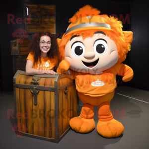 Orange Treasure Chest mascot costume character dressed with a Overalls and Hair clips