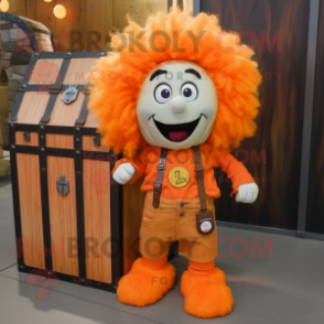 Orange Treasure Chest mascot costume character dressed with a Overalls and Hair clips