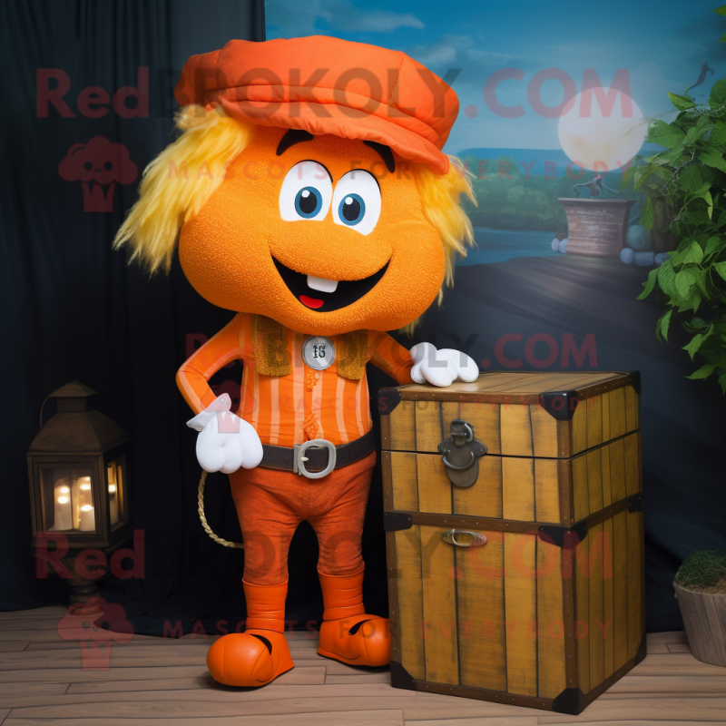 Orange Treasure Chest mascot costume character dressed with a Overalls and Hair clips