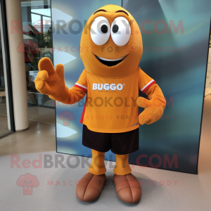 Rust Mango mascot costume character dressed with a Rugby Shirt and Coin purses