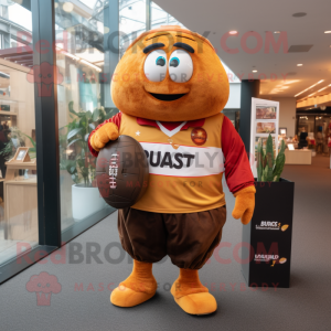 Rust Mango mascot costume character dressed with a Rugby Shirt and Coin purses