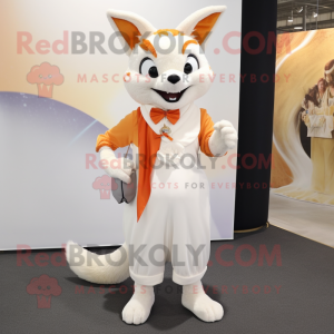 Cream Fox mascot costume character dressed with a Sheath Dress and Shoe laces