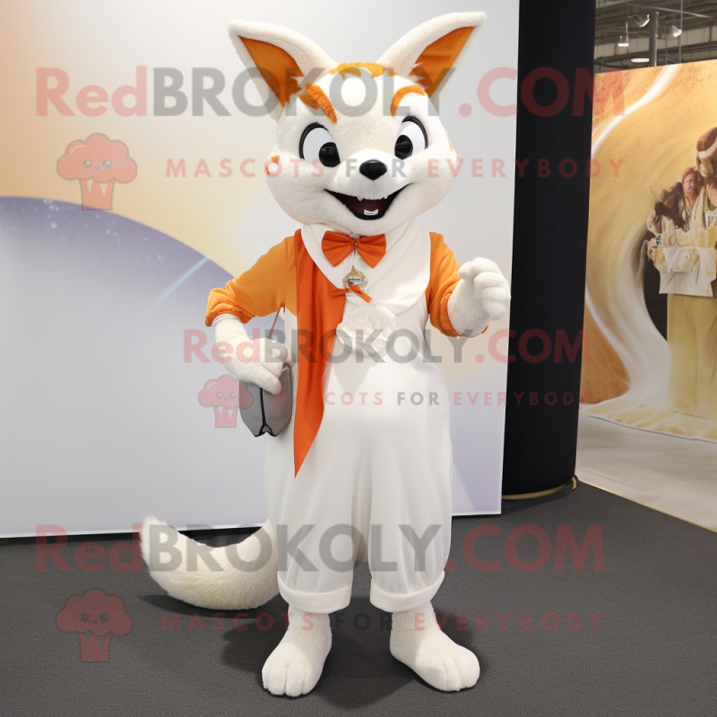 Cream Fox mascot costume character dressed with a Sheath Dress and Shoe laces Cream Fox mascot costume character dressed with a Sheath Dress and Shoe laces