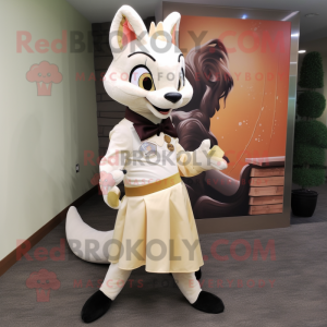 Cream Fox mascot costume character dressed with a Sheath Dress and Shoe laces