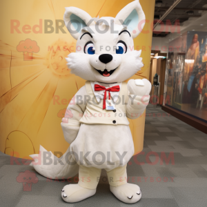 Cream Fox mascot costume character dressed with a Sheath Dress and Shoe laces