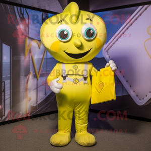Lemon Yellow Love Letter mascot costume character dressed with a Cargo Pants and Suspenders