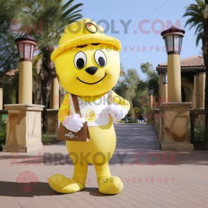 Lemon Yellow Love Letter mascot costume character dressed with a Cargo Pants and Suspenders