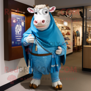 Blue Hereford Cow mascot costume character dressed with a Bermuda Shorts and Shawl pins