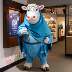 Blue Hereford Cow mascot costume character dressed with a Bermuda Shorts and Shawl pins