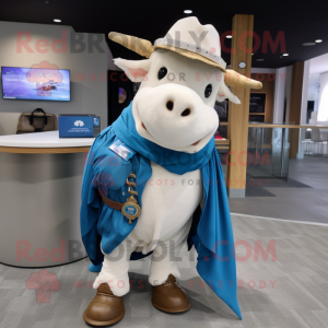 Blue Hereford Cow mascot costume character dressed with a Bermuda Shorts and Shawl pins