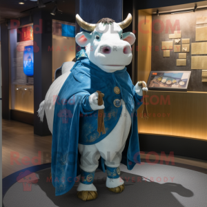 Blue Hereford Cow mascot costume character dressed with a Bermuda Shorts and Shawl pins