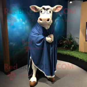 Blue Hereford Cow mascot costume character dressed with a Bermuda Shorts and Shawl pins