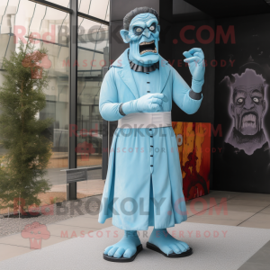Sky Blue Frankenstein mascot costume character dressed with a Empire Waist Dress and Tie pins