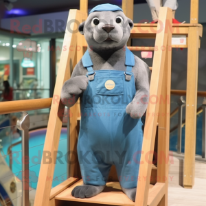 Blue Sea Lion mascot costume character dressed with a Overalls and Suspenders