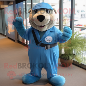 Blue Sea Lion mascot costume character dressed with a Overalls and Suspenders