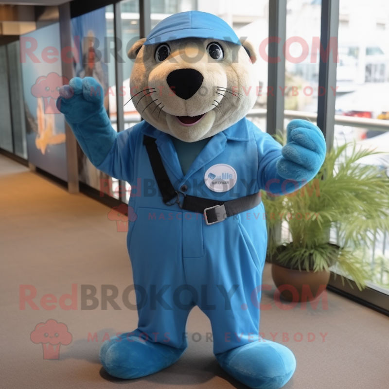 Blue Sea Lion mascot costume character dressed with a Overalls and Suspenders Blue Sea Lion mascot costume character dressed with a Overalls and Suspenders