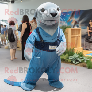Blue Sea Lion mascot costume character dressed with a Overalls and Suspenders