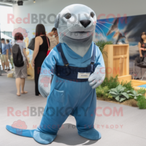 Blue Sea Lion mascot costume character dressed with a Overalls and Suspenders