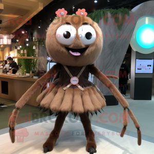 Brown Spider mascot costume character dressed with a Skirt and Hair clips