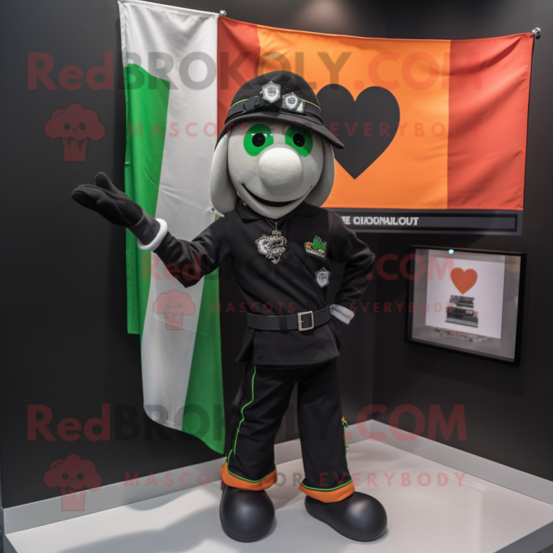 Black Irish Flag mascot costume character dressed with a V-Neck Tee and Lapel pins Black Irish Flag mascot costume character dressed with a V-Neck Tee and Lapel pins
