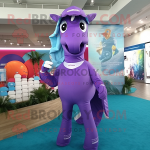 Purple Horse mascot costume character dressed with a One-Piece Swimsuit and Beanies