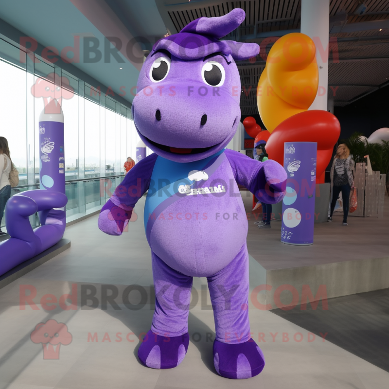 Purple Horse mascot costume character dressed with a One-Piece Swimsuit and Beanies Purple Horse mascot costume character dressed with a One-Piece Swimsuit and Beanies