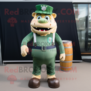 Navy Green Beer mascot costume character dressed with a Corduroy Pants and Suspenders