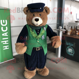 Navy Green Beer mascot costume character dressed with a Corduroy Pants and Suspenders