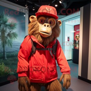 Red Baboon mascot costume character dressed with a Windbreaker and Suspenders