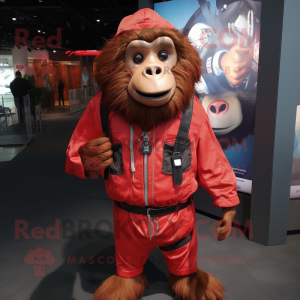 Red Baboon mascot costume character dressed with a Windbreaker and Suspenders